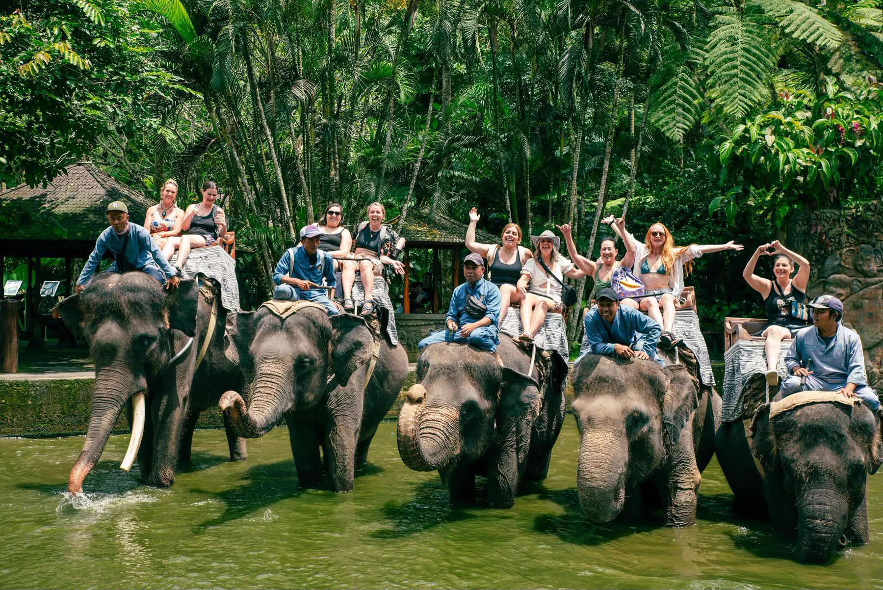 The group riding elephants through the water in Bali